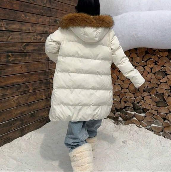 New Winter Beige Mid-Length Thick Warm Detachable Hooded Padded Coat - Picture 2 of 4